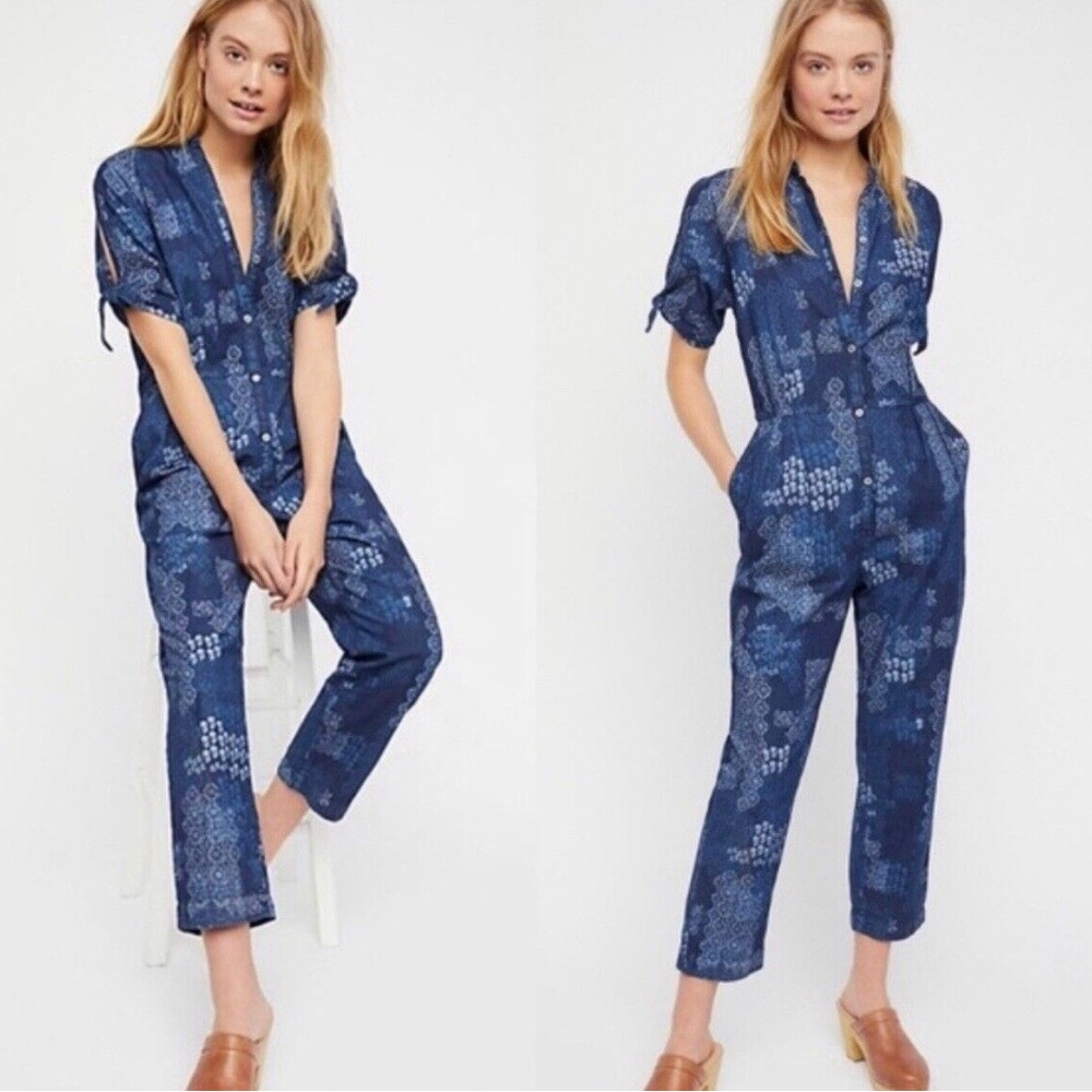 Free People Indigo Daze Denim Chambray Jumpsuit Tie Sleeves